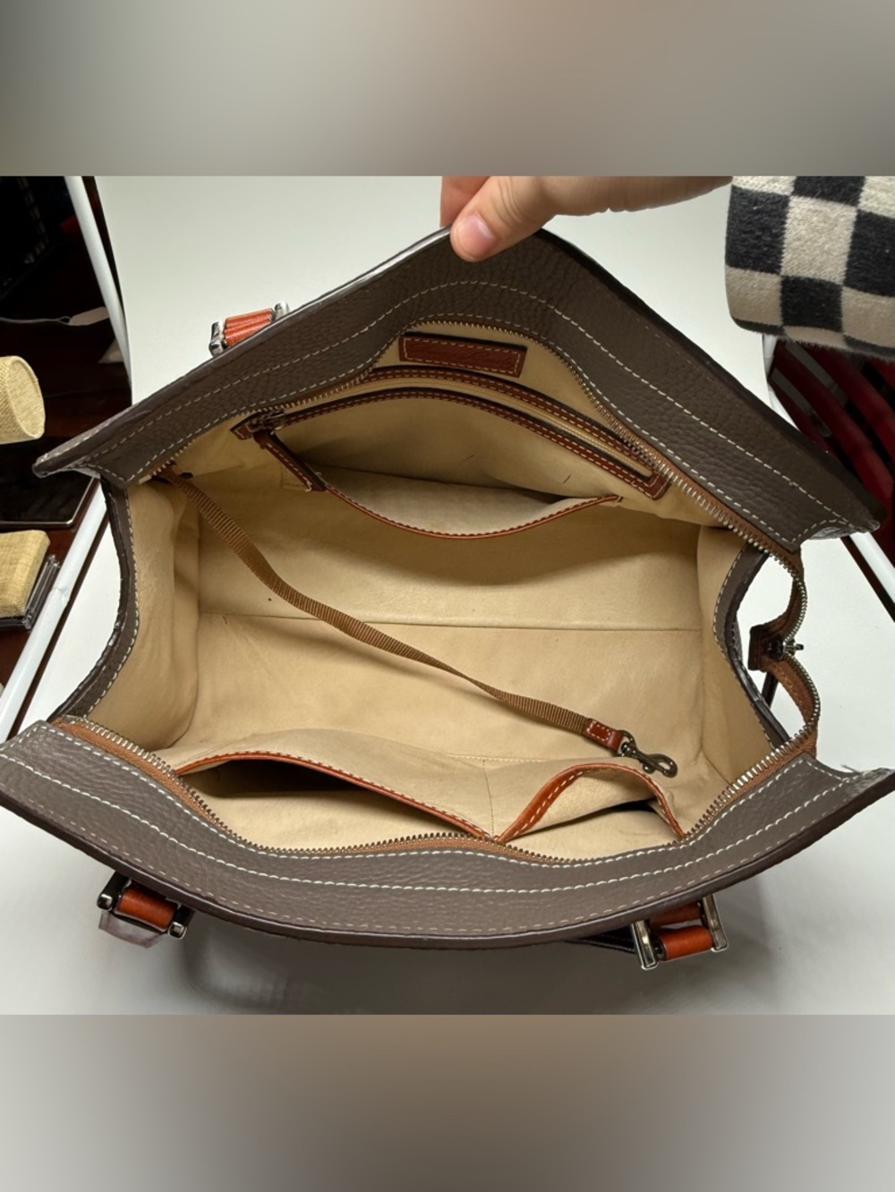 Dooney & Bourke Pebbled Leather Tote Gray Brown Tassel Shoulder Bag Large - Picture 12 of 13
